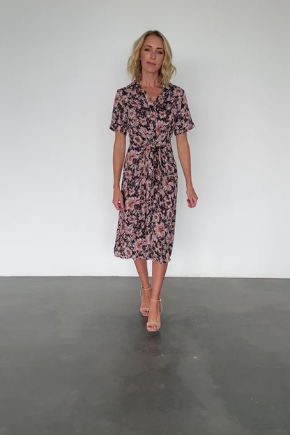 Feya Button Midi Dress | Black + Mauve Floral