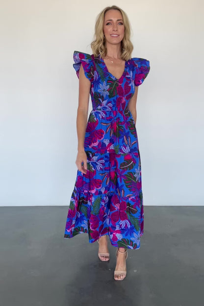 Ranchero Smocked Maxi Dress | Cobalt + Fuchsia Print