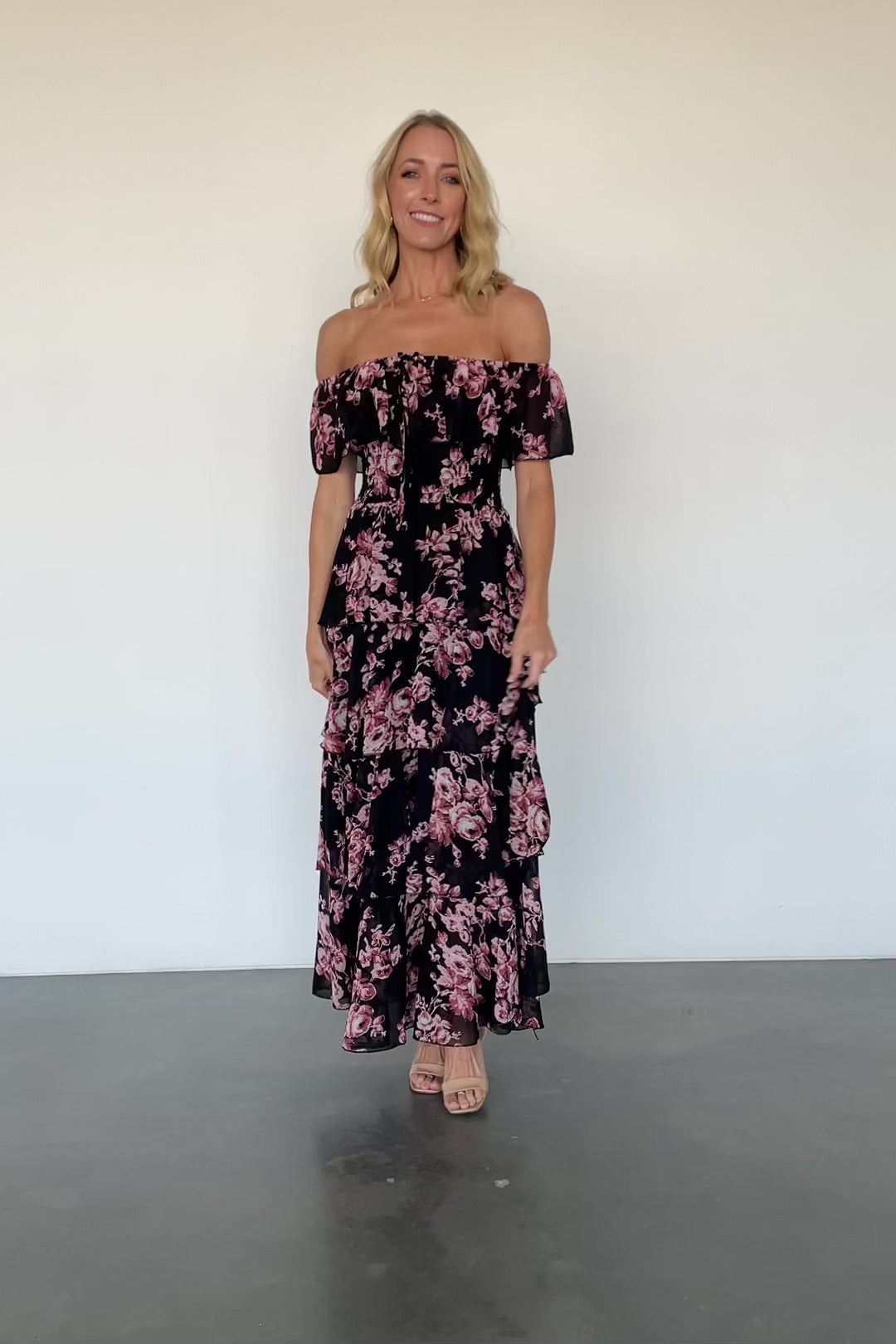 knee length dresses for ladies Pinkblush Mauve Off Shoulder Ruffle Tiered Maternity Maxi Dress Medium