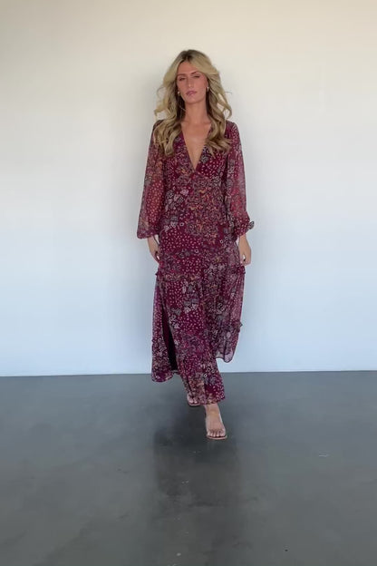 Bowman Deep V Maxi Dress | Burgundy Multi