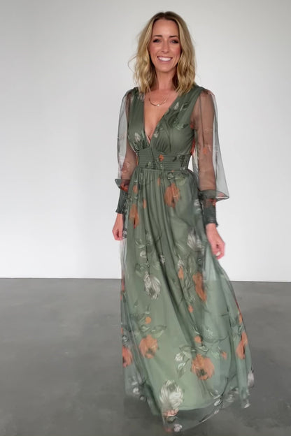 Layla Tulle Maxi Dress | Dusty Olive Floral