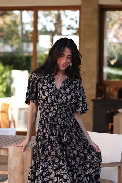 Spell Boho Midi Dress | Black + Taupe Floral