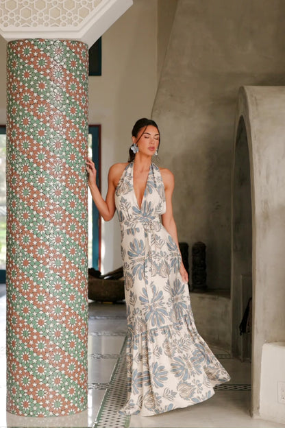 Estrella Halter Maxi Dress | Navy + Tan