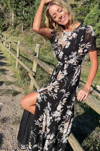 Naomi Short Sleeve Maxi Dress | Black Floral