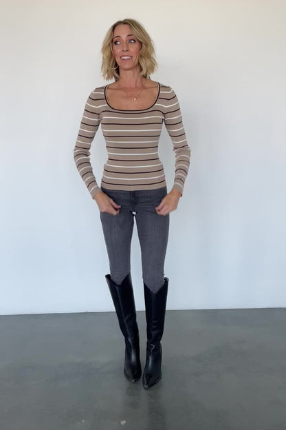 Kaylee Long Sleeve Top | Taupe Stripe