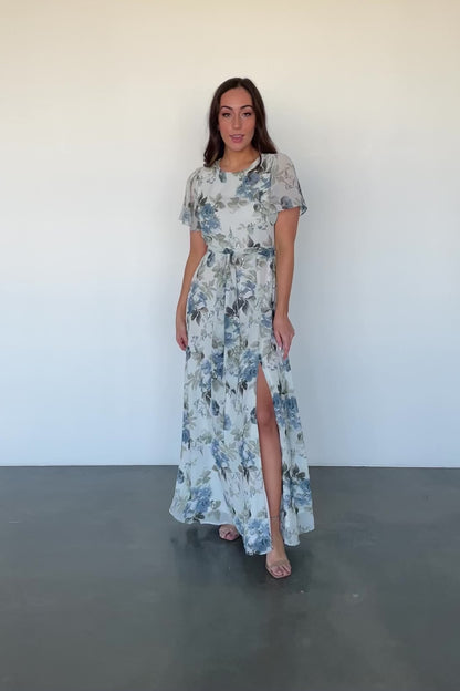 Naomi Short Sleeve Maxi Dress | Dusty Blue Floral