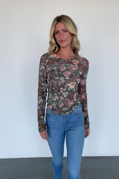 Jaynie Sheer Top | Olive Floral