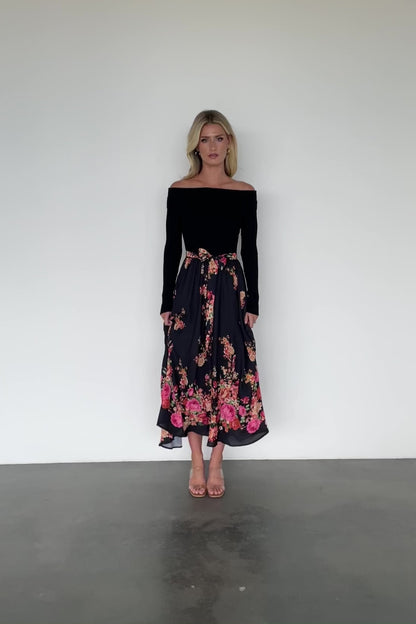 Qadira Off Shoulder Dress | Black + Multi Floral