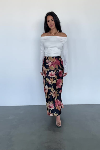 Cosette Satin Midi Skirt | Black Floral