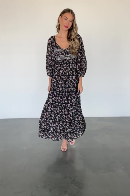 Louisa Smocked Maxi Dress | Black Floral