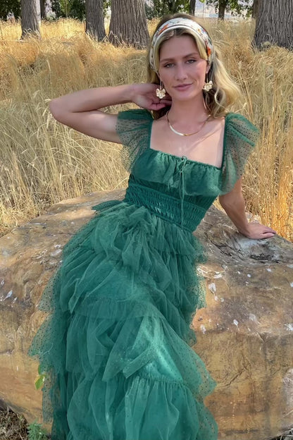 Valora Swiss Dot Tulle Maxi Dress | Dark Green