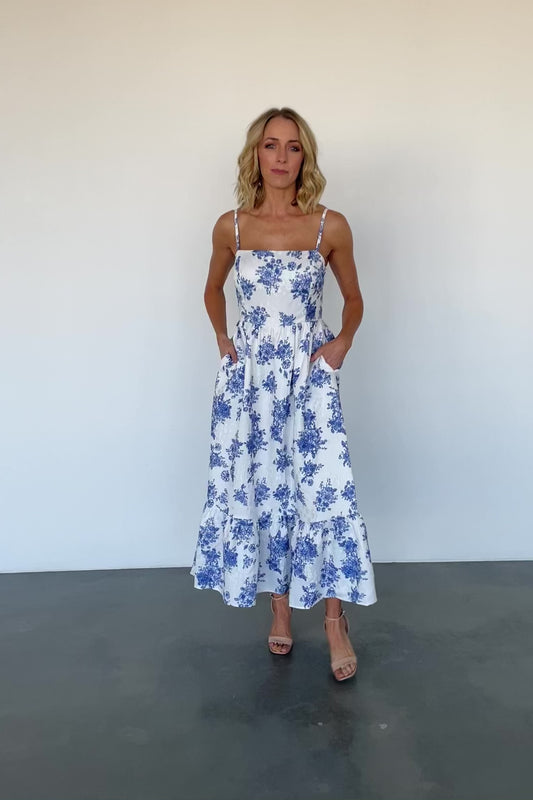 Cherie Jacquard Dress | Off White + Blue Floral
