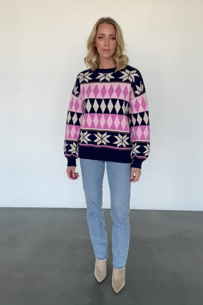 Zermatt Sweater | Navy + Pink Print