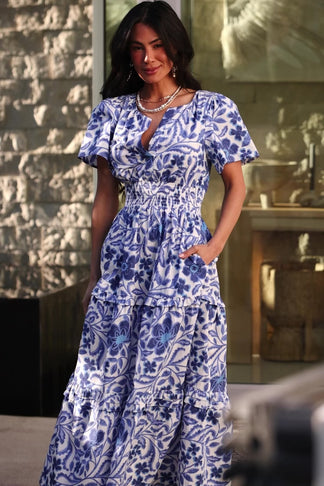 Kiana Poplin Maxi Dress | Off White + Blue