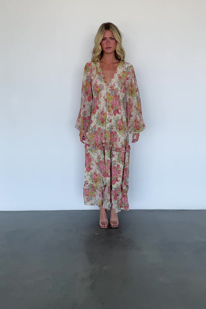 Bowman Deep V Maxi Dress | Cream Multi Floral