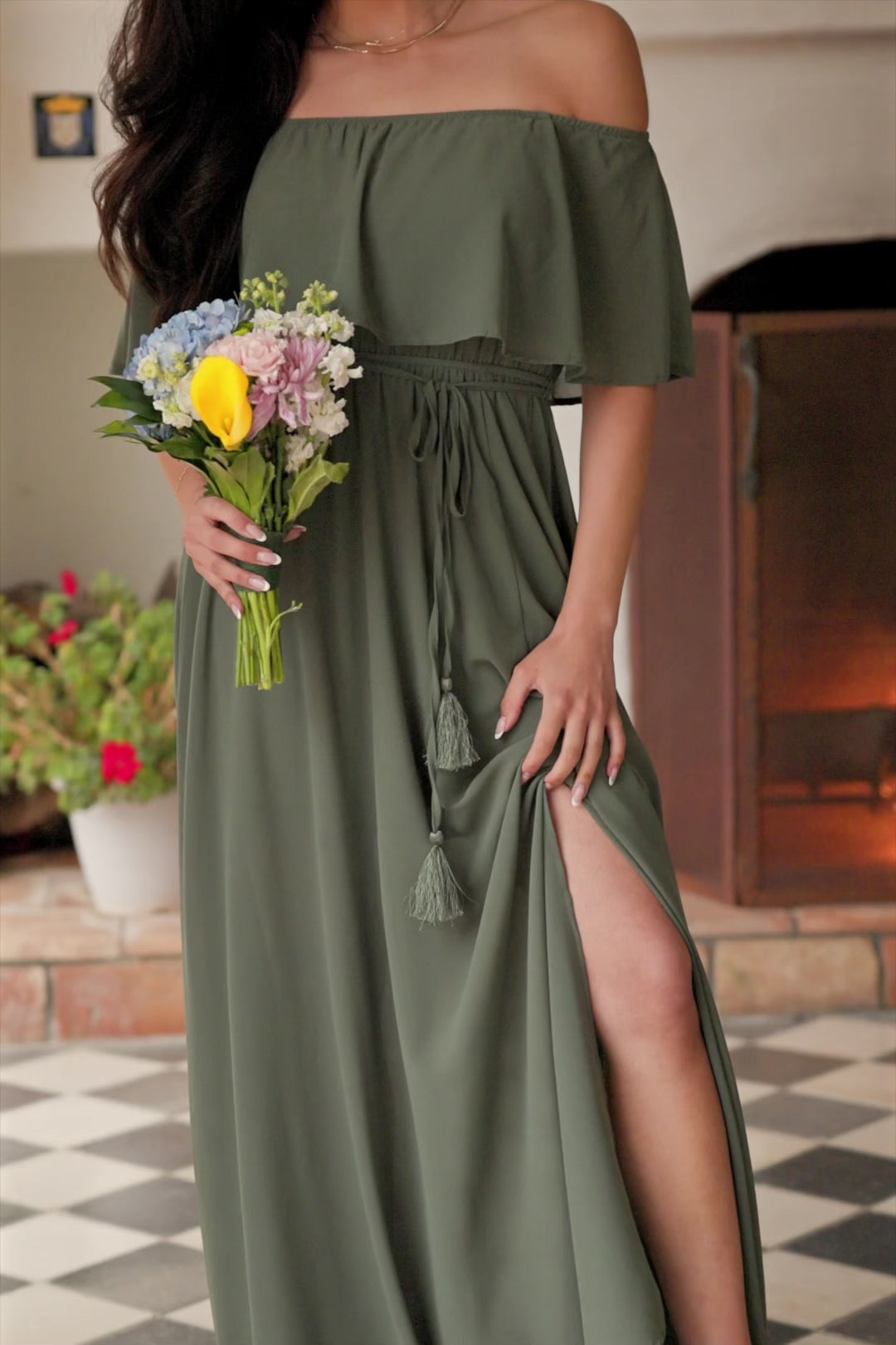 V-neck Off shoulder Maxi Dress with Pockets Dusty Sage