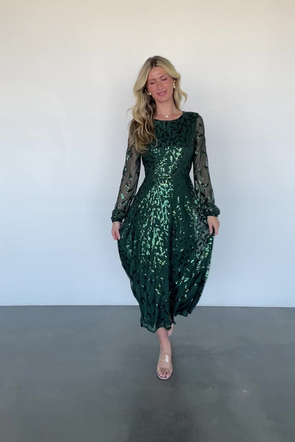 Kalla Sequin Midi Dress | Emerald