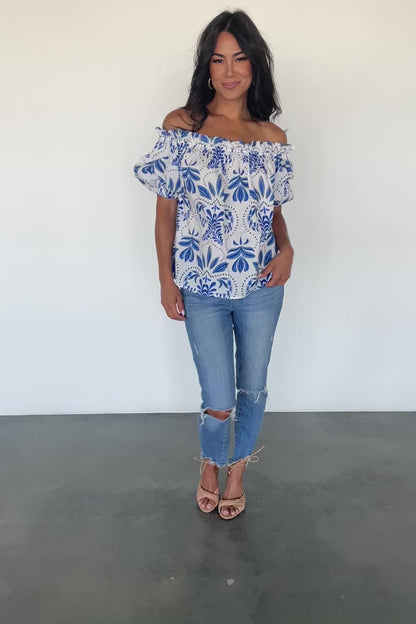 Santorini Off Shoulder Top | White + Blue