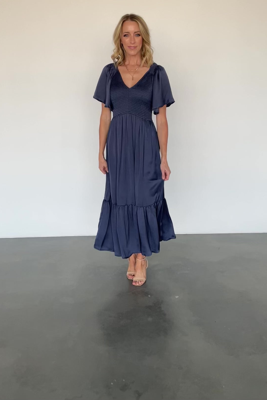 Long Sleeve Smocked Midi Dress - Blue