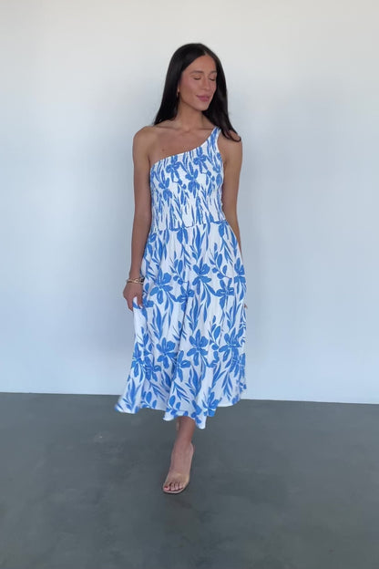 Brisa One Shoulder Midi Dress | White + Blue