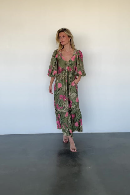 Lonna Dress | Olive + Fuschia Floral