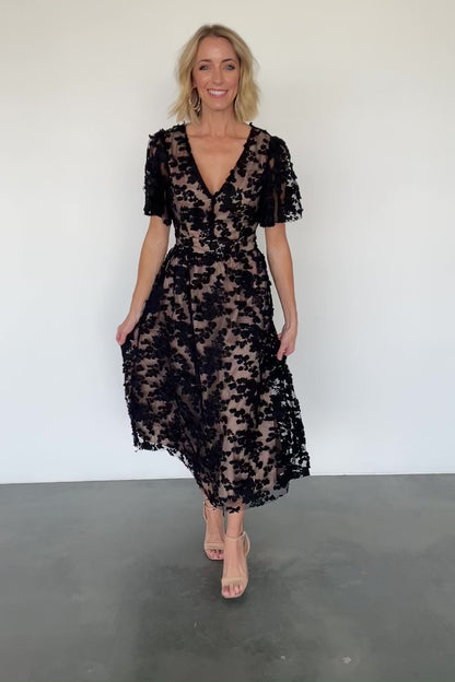 Sadie Embroidered Midi Dress | Black + Nude