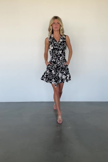 Tahani Short Dress | Black + Off White Floral