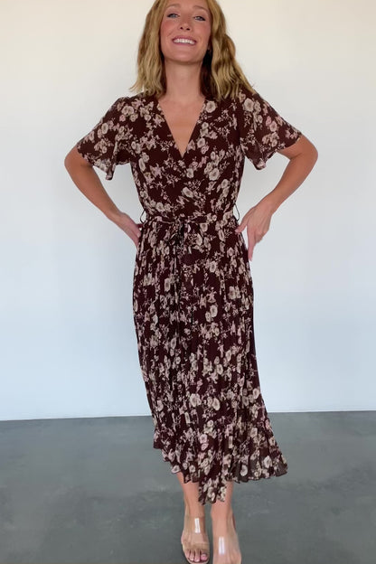 Cassidy Pleated Midi Dress | Brown Floral