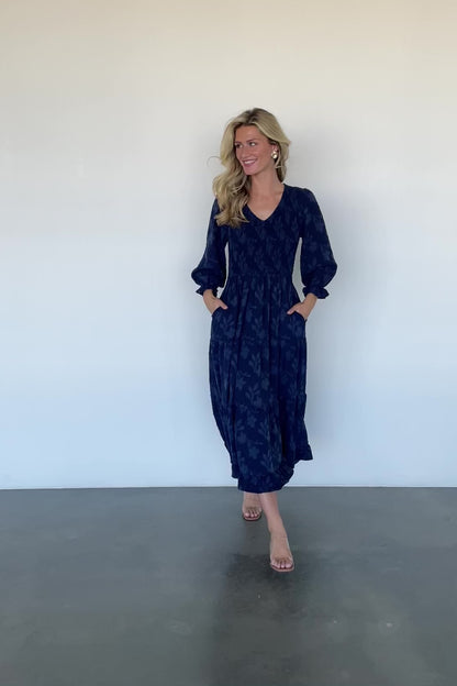 Aubrey Smocked Midi Dress | Navy Floral