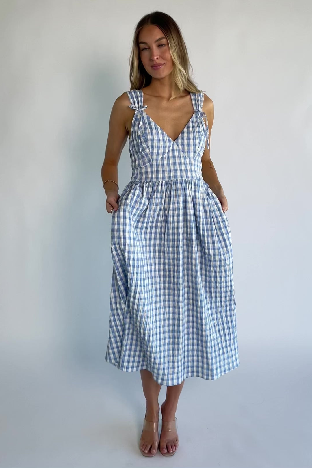 Baltic Born Womens Arwen Gingham Midi Dress | Blue + White