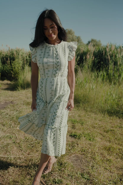 Frida Embroidered Midi Dress | White + Green Print