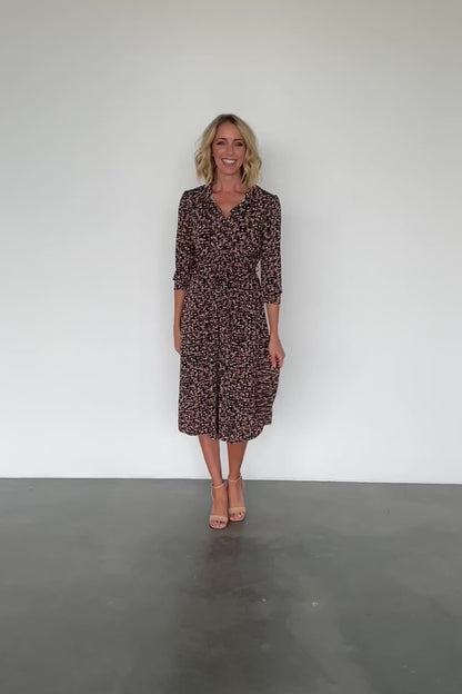 Jenica Midi Dress | Black + Camel Print