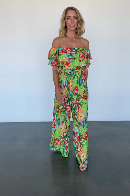 Zanzibar Off Shoulder Jumpsuit | Green Multi