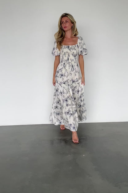 Susanna Smocked Maxi Dress | Ivory + Blue Floral