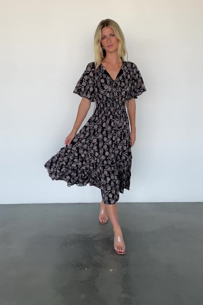 Spell Boho Midi Dress | Black + Taupe Floral