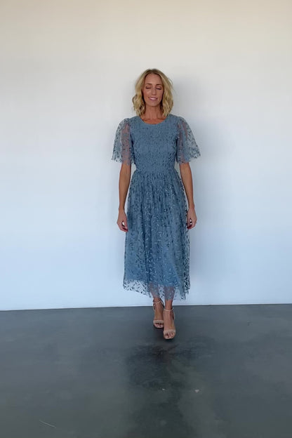 Kendra Embroidered Dress | Dusty Blue