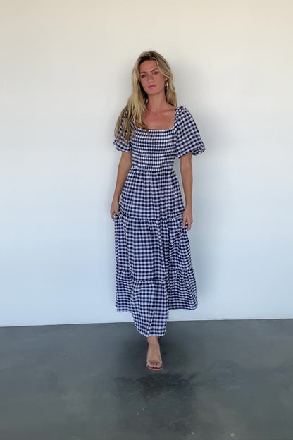 Lyndy Smocked Dress | Off White + Blue Gingham