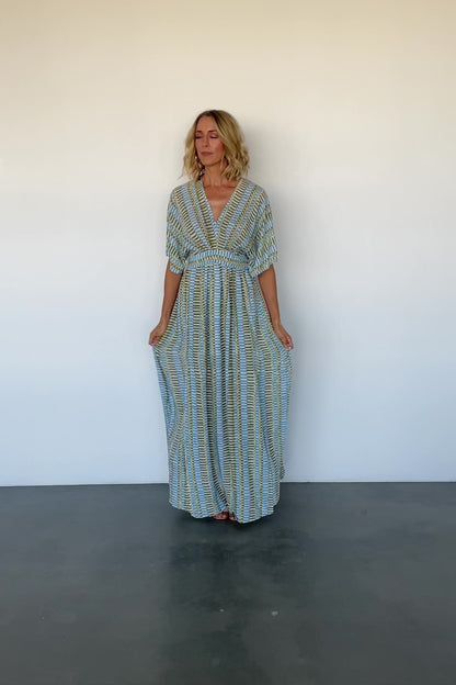 Mylis Kimono Dress | Blue + Green Print