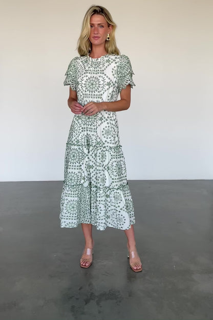 Mirabel Eyelet Midi Dress | White + Green