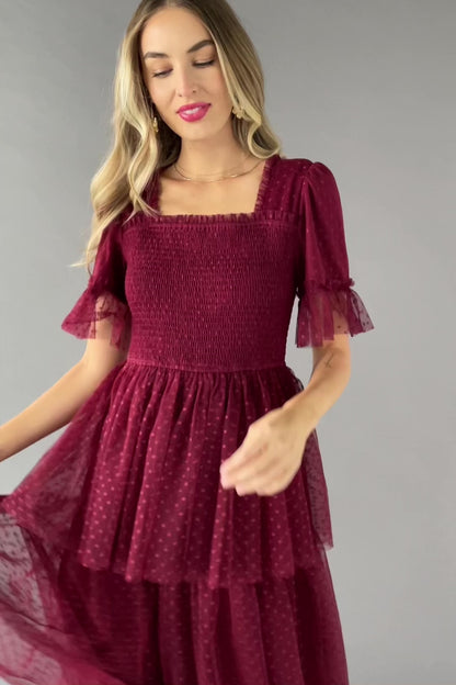 Alana Tulle Tiered Dress | Burgundy