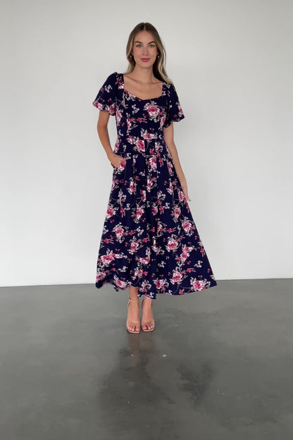 Greta Pleated Maxi Dress | Navy + Pink Floral