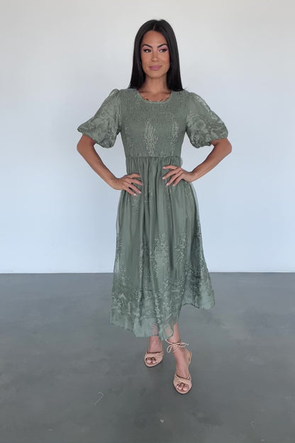 Corrine Embroidered Midi Dress | Deep Sage