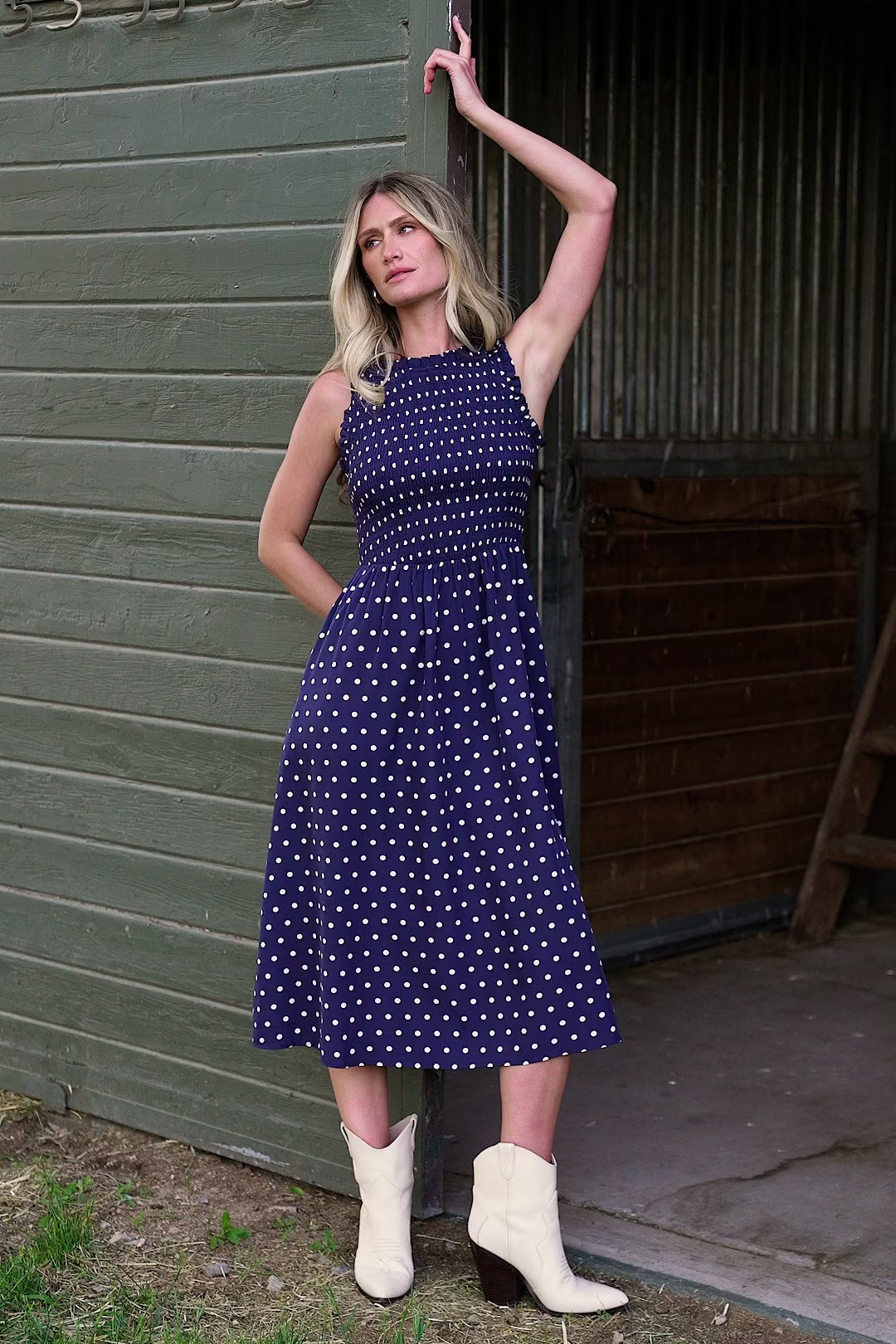 Baltic Born Womens Alex Smocked Midi Dress | Navy Dot