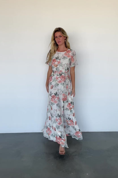 Naomi Short Sleeve Maxi Dress | Ivory + Coral Floral