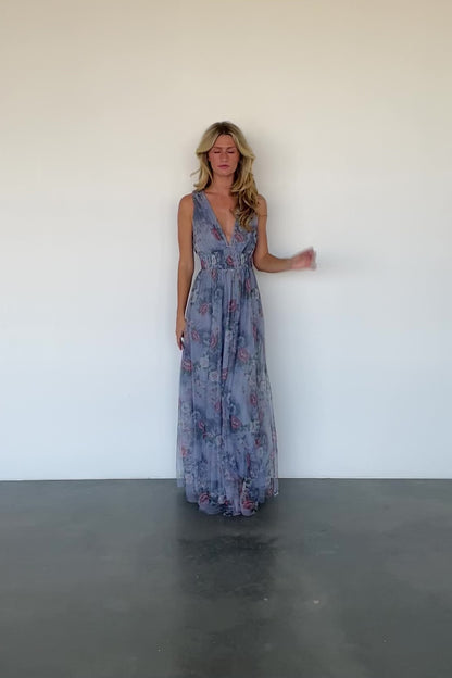 Kamila Tulle Maxi Dress | Dusty Blue Floral