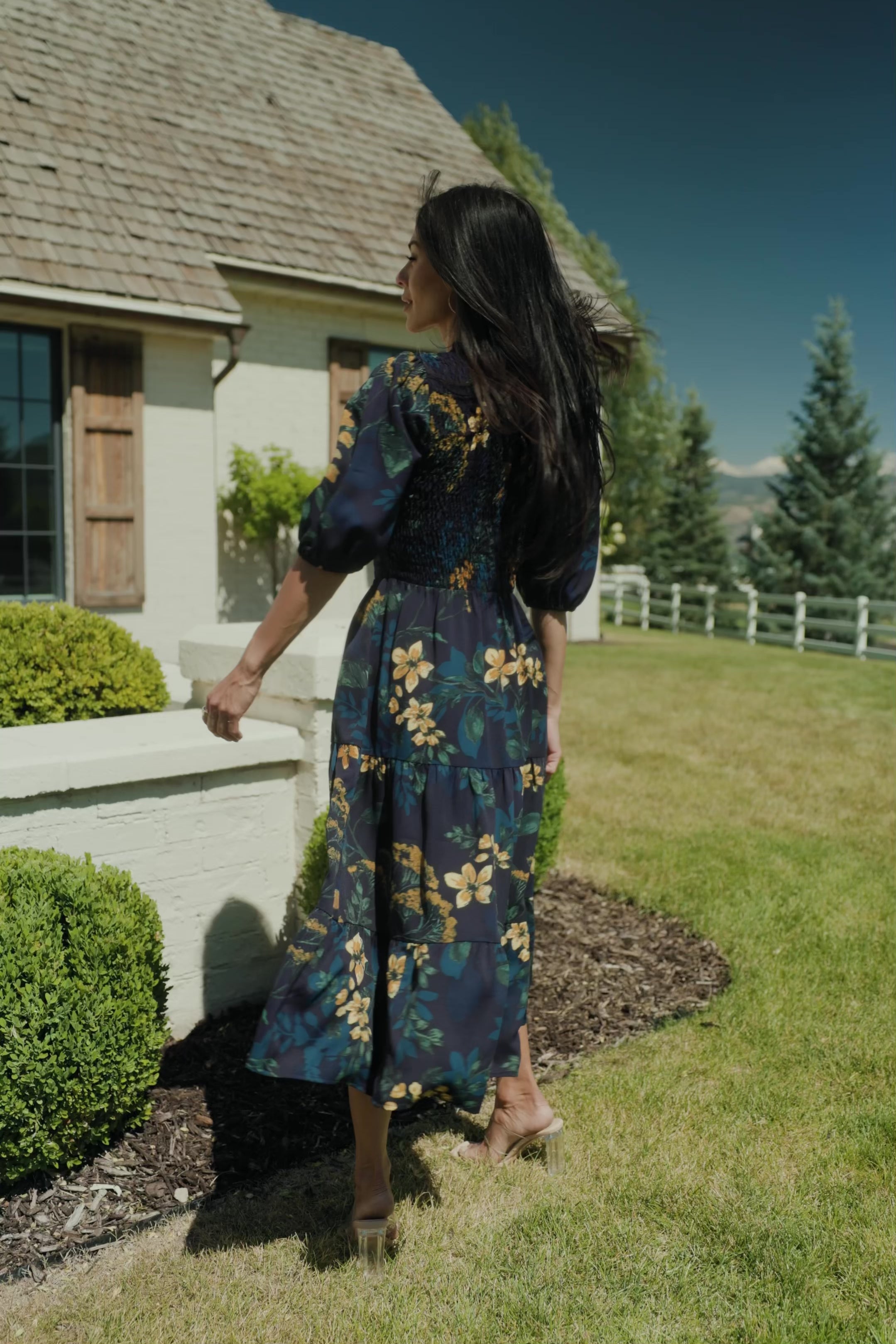 Lena Tiered Midi Dress | Navy + Gold Floral