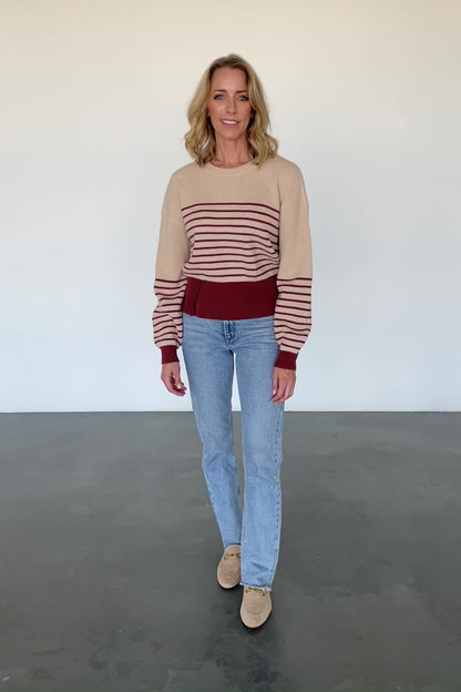 Miles Striped Sweater | Taupe + Marsala