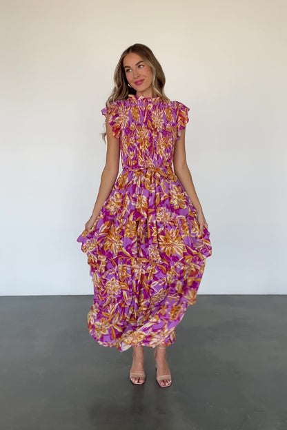 Mya Smocked Maxi Dress | Orchid + Gold Print