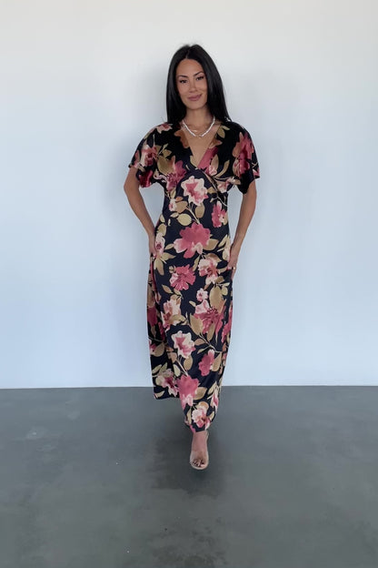 Milana Satin Maxi Dress | Black Floral