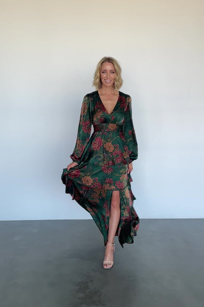 Montrouge Tiered Satin Dress | Emerald Floral